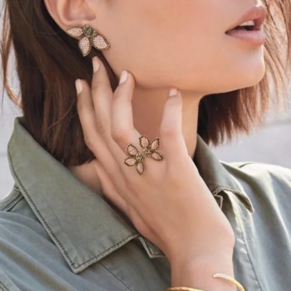 Stella & Dot Pink, Green and Gold Leaf Earrings
